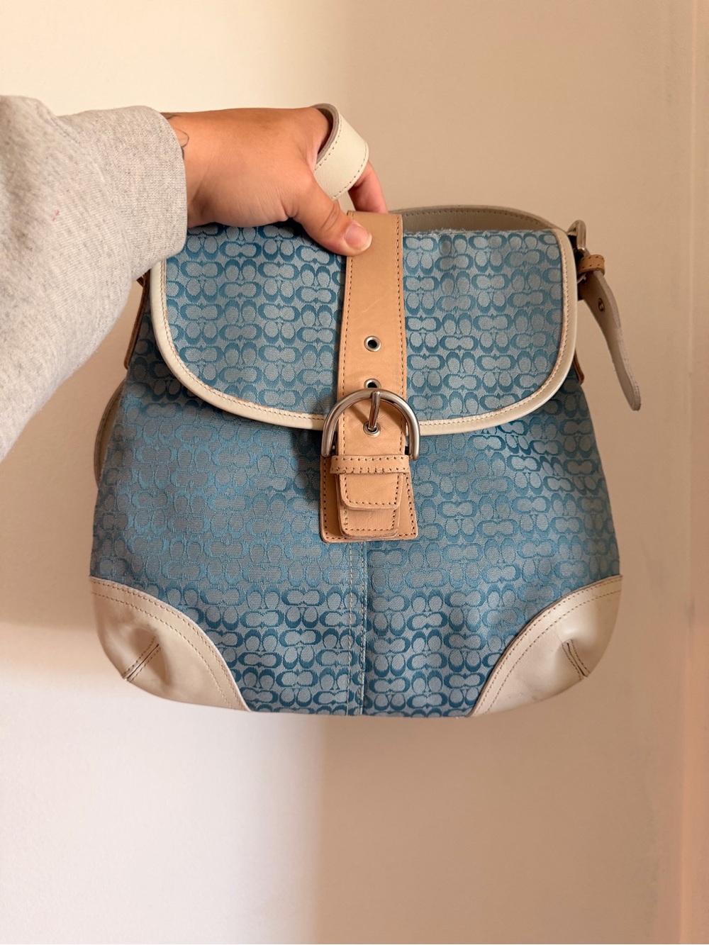 Coach Blue Signature Canvas Shoulder Bag with Tan & Cream Trim